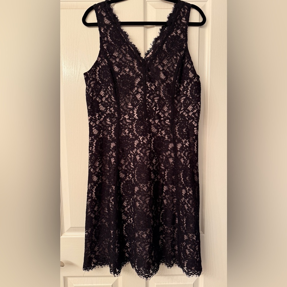 Loft sleeveless v-neck black lace dress over nude slip